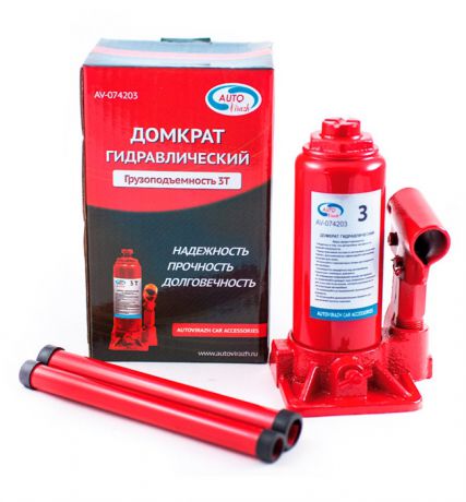 Домкрат гидравлический 3 т бутылочный в коробке "AUTOVIRAZH" (красный), шт