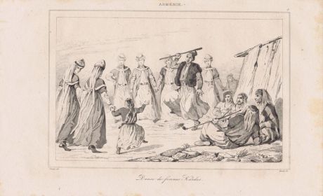 Гравюра. Армения, курды. Женский национальный танец. Офорт. Франция, Париж, 1838 год