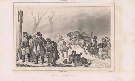 Гравюра. Русские сани и коньки. Офорт. Франция, Париж, 1838 год