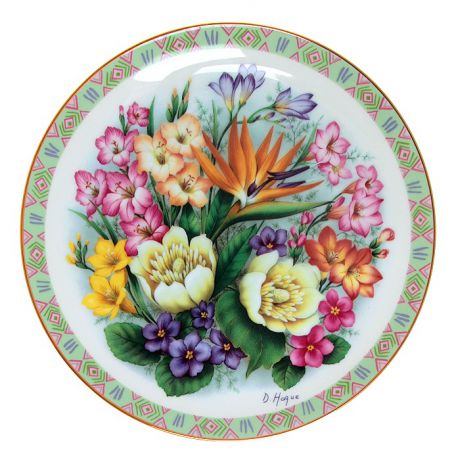 Дуг Гааге "Цветы Африки", декоративная тарелка. Фарфор, деколь с подрисовкой, золочение. Danbury Mint, Великобритания,1990 год