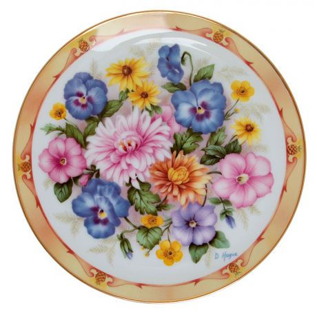 Дуг Гааге "Цветы США", декоративная тарелка. Фарфор, деколь с подрисовкой, золочение. Danbury Mint, Великобритания,1990 год