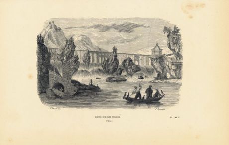 Гравюра. Дорога на столбах, Китай. Ксилография. Бельгия, Брюссель, 1843 год