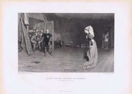 Гравюра. Тальбот и Графиня Овернская (Король Генрих VI, часть I). Офорт. Англия, Лондон, 1873 год