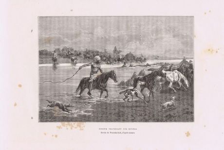 Гравюра. Киргизы переправляются через реку. Ксилография. Франция, Париж, 1881 год
