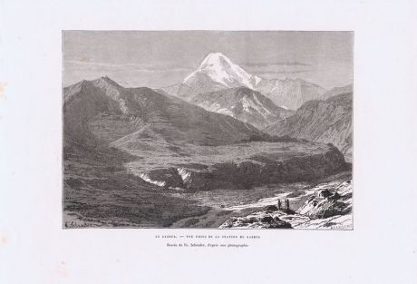 Гравюра. Кавказ. Вид на гору Казбек. Ксилография. Франция, Париж, 1881 год