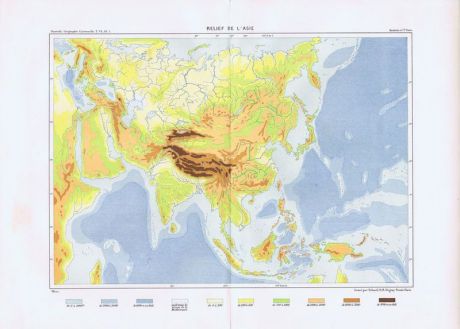 Географическая карта. Рельеф Азии. Литография. Франция, Париж, 1881 год
