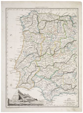 Географическая карта Западной Испании и Португалии. Гравюра. Франция, начало XIX века