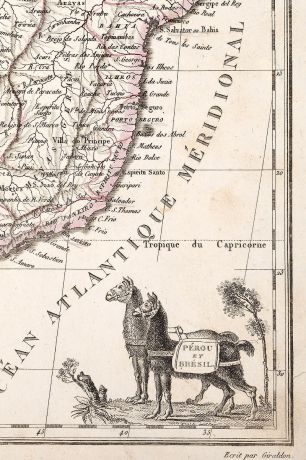 Географическая карта Перу и Бразилии. Гравюра. Франция, начало XIX века