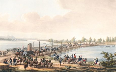 Гравюра Alex. de la Borde Второй мост через Дунай и переход на остров Лебау. Асперн-Эсслингская битва между Наполеоном и эрцгерцогом Карлом, 1809 г. ручная раскраска. Западная Европа, около 1820 года