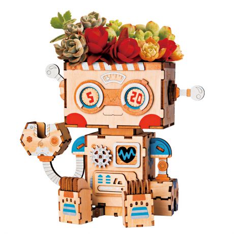 Деревянные 3Д конструкторы-горшочки для растений "Робот"