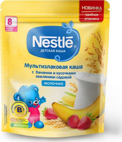Каша для детей Nestle, молочная, мультизлаковая, с бананом и кусочками земляники, с 8 месяцев, 220 г