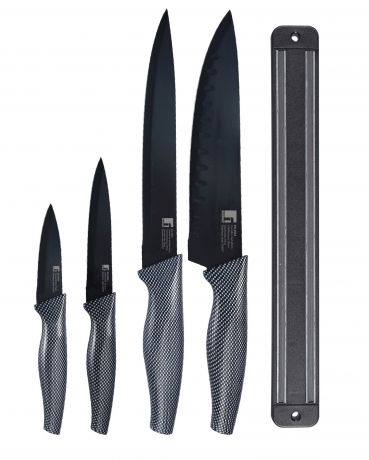 Набор кухонных ножей BERGNER 4 ножа на магнитном держателе, CARBON TT, черный, серый, серебристый