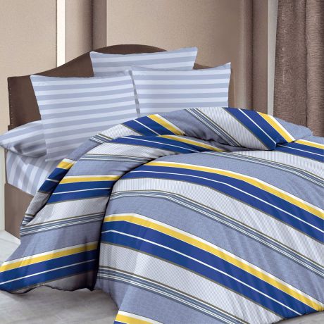 Комплект постельного белья Василиса Триумф, евро, наволочки 70x70, синий, желтый