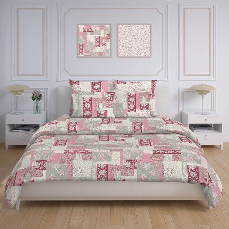 Комплект постельного белья Сказка "Лоскутная мозаика" 1,5 сп на молнии натяжная простыня 90х200 см, розовый, белый