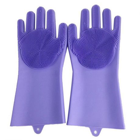 Перчатки силиконовые для мытья посуды Wash Hands универсальные термостойкие с щеточками фиолетовые