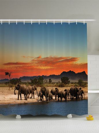 Штора для ванной комнаты Magic Lady "Стадо слонов в Африке. Закат на фоне гор", 180 х 200 см