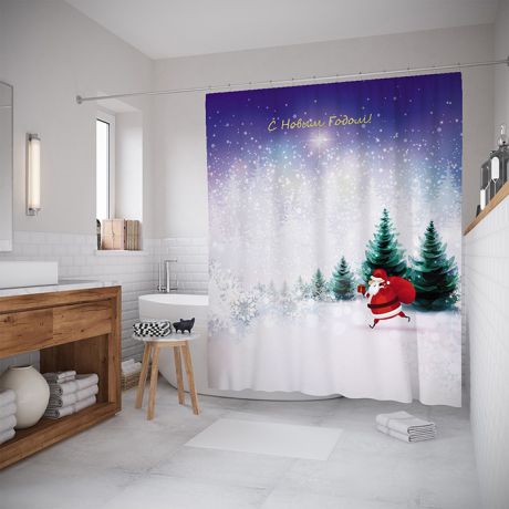 Штора (занавеска) для ванной "Дед Мороз спешит с подарками" из ткани, 180х200 см с крючками