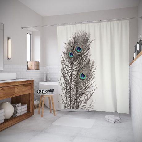 Штора (занавеска) для ванной "Перья павлина" из ткани, 180х200 см с крючками