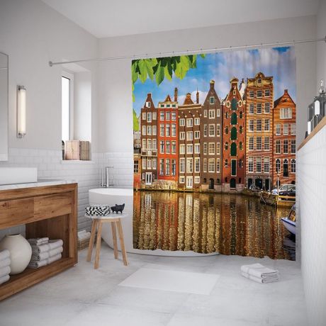 Штора (занавеска) для ванной "Пряничные домики Амстердама" из ткани, 180х200 см с крючками