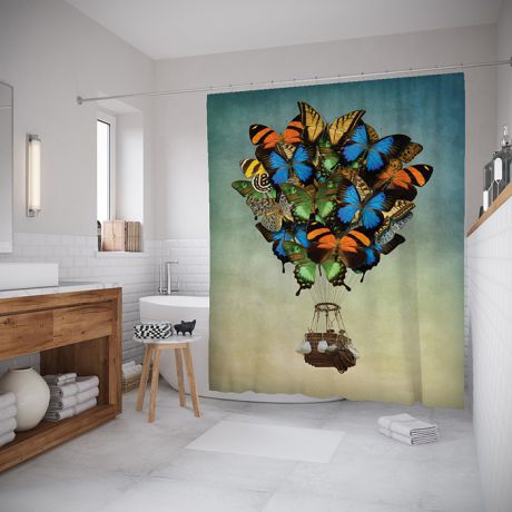 Штора (занавеска) для ванной "Полет на бабочках" из ткани, 180х200 см с крючками