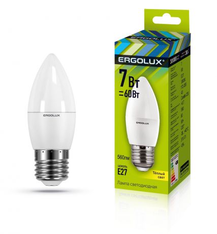 Лампочка Ergolux LED-C35-7W-E27-3K, Теплый свет 7 Вт, Светодиодная