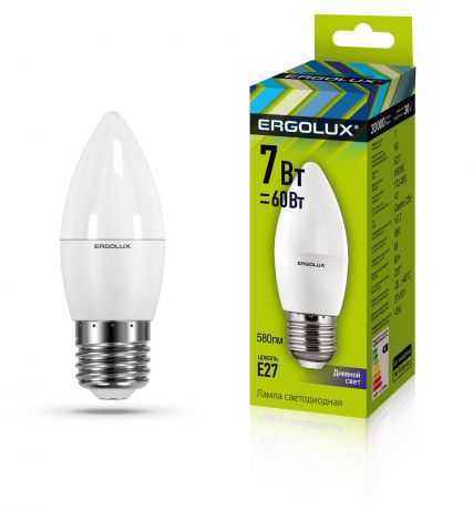 Лампочка Ergolux LED-C35-7W-E27-6K, Холодный свет 7 Вт, Светодиодная