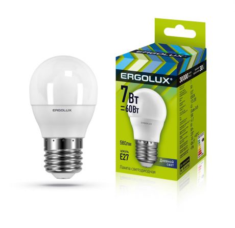 Лампочка Ergolux LED-G45-7W-E27-6K, Холодный свет 7 Вт, Светодиодная