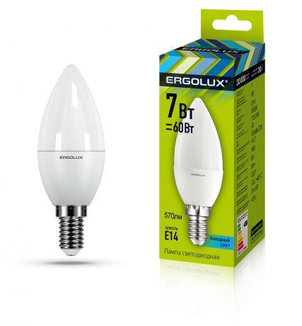 Лампочка Ergolux LED-C35-7W-E14-6K, Холодный свет 7 Вт, Светодиодная