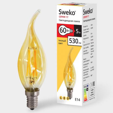 Лампочка Sweko 17LED-C35-5W-230-3000K-E14-TG-3, 3 штуки, Теплый свет 5 Вт, Светодиодная