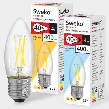 Лампочка Sweko 17LED-C35-4W-230-3000K-E27-CL-3, 3 штуки, Теплый свет 4 Вт, Светодиодная