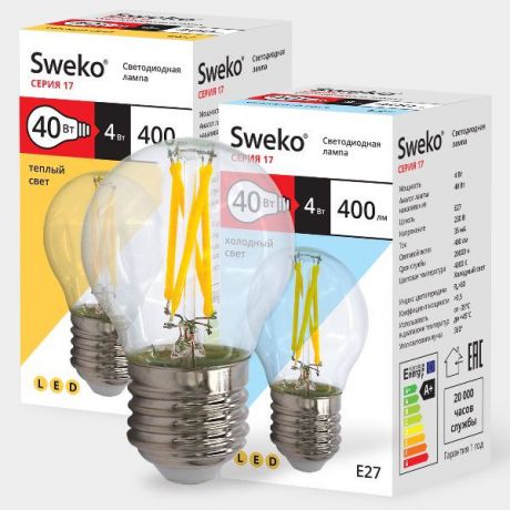 Лампочка Sweko 17LED-G45-4W-230-3000K-E27-CL-3, 3 штуки, Теплый свет 4 Вт, Светодиодная
