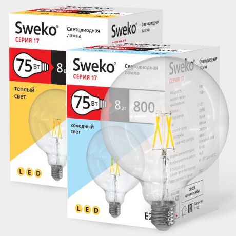 Лампочка Sweko 17LED-G95-8W-230-3000K-E27-CL, 3 штуки, Теплый свет 8 Вт, Светодиодная