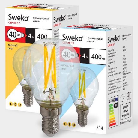 Лампочка Sweko 17LED-G45-4W-230-4000K-E14-CL, 3 штуки, Холодный свет 4 Вт, Светодиодная
