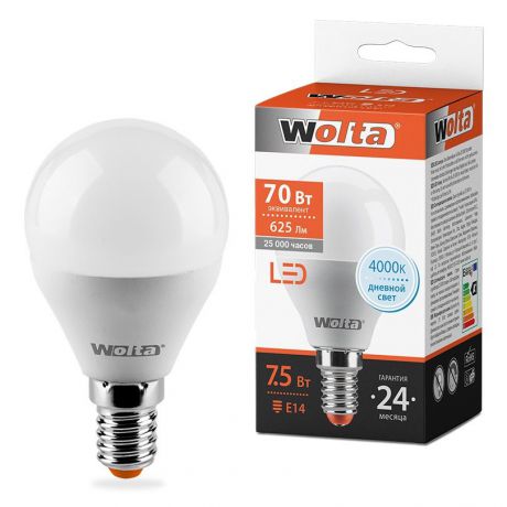 Лампочка Wolta G45 7.5Вт 625лм Е14 4000К, Теплый свет 5 Вт, Светодиодная