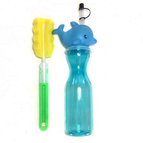Набор из детской бутылочки для воды с горлышком в виде дельфина и ёршика для её чистки