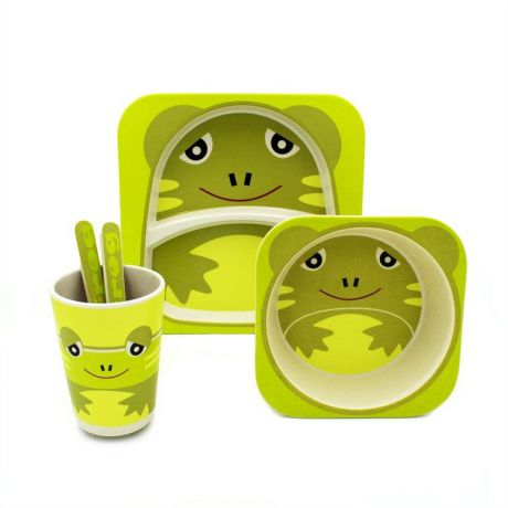 Детский столовый набор, тарелка, миска, ложка, вилка, стакан, цвет зеленый, 27х25х10 см