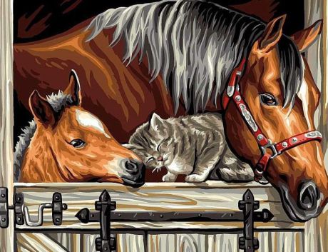 Картина по номерам Paintboy Original "Котенок и лошади" 30х40см
