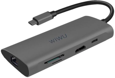 Переходник WiWU Type C Hub, 8 in 1 Adapter with USB C to RJ45 HD MI 3USB Card Reader grey