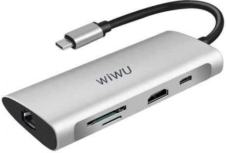 Переходник WiWU Type C Hub, 8 in 1 Adapter with USB C to RJ45 HD MI 3USB Card Reader silver