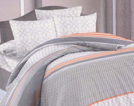 Комплект постельного белья Василиса Мега страйк, 1,5-спальный, наволочки 70x70, темно-серый, оранжевый
