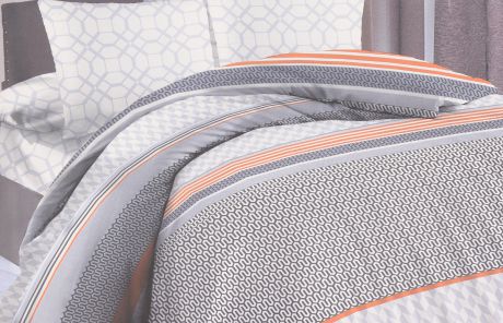 Комплект постельного белья Василиса Мега страйк, семейный, наволочки 70x70, темно-серый, оранжевый
