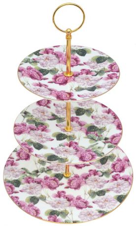Менажница трехярусная "Роскошные розы" для пирожных. Фарфор, деколь, золочение, металл. Великобритания, 1990-е гг.