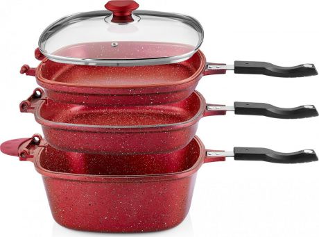 Набор посуды для приготовления OMS, 3224-R, красный, с антипригарным покрытием, с крышками, 7 предметов