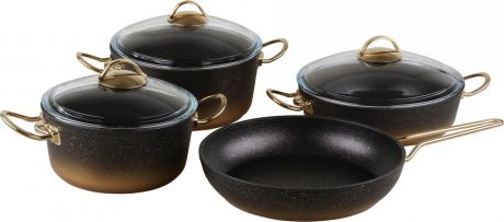 Набор посуды для приготовления OMS, 3035-Gd, золотой, с антипригарным покрытием, с крышками, 7 предметов