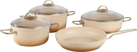 Набор посуды для приготовления OMS, 3035-CRM, кремовый, с антипригарным покрытием, с крышками, 7 предметов