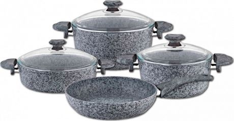 Набор посуды для приготовления OMS, 3028-Gr, серый, с антипригарным покрытием, с крышками, 7 предметов