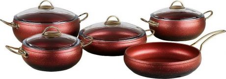 Набор посуды для приготовления OMS, 3024-Rd, красный, с антипригарным покрытием, с крышками, 9 предметов