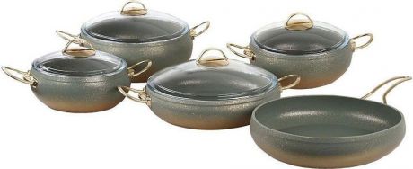Набор посуды для приготовления OMS, 3024-Olv, оливковый, с антипригарным покрытием, с крышками, 9 предметов