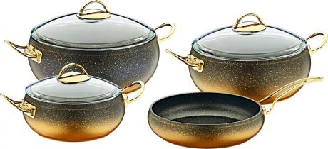 Набор посуды для приготовления OMS, 3023-Gd, золотой, с антипригарным покрытием, с крышками, 7 предметов