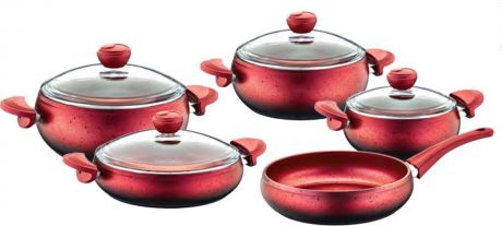 Набор посуды для приготовления OMS, 3018-R, красный, с антипригарным покрытием, с крышками, 9 предметов